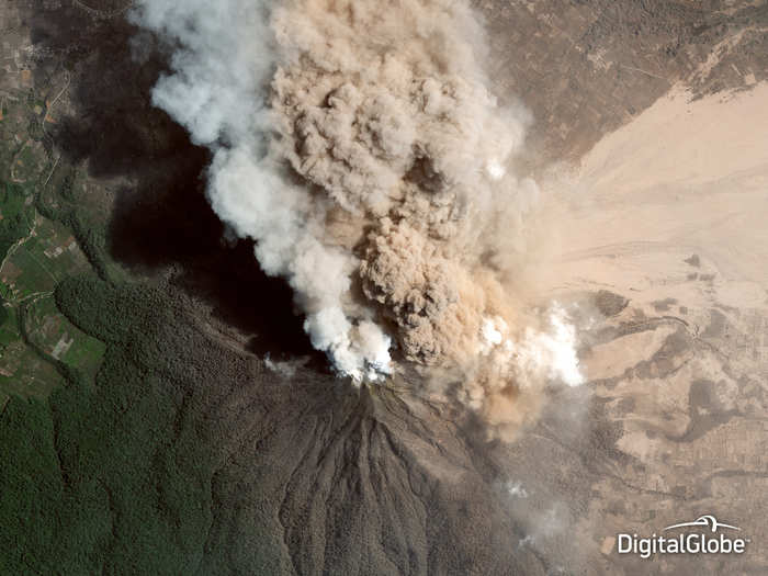 A satellite captured a view of the erupting Mount Sinabung in Indonesia on Jan. 23, 2014. First responders can use such images to assess damage and help create evacuation plans.