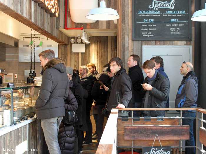 At lunchtime, the line to get food is long.