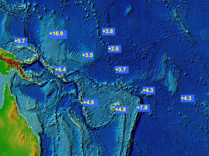 This map shows the average annual sea level rise for various Pacific islands between 1992 and 2010. You can see how variable these measurements are: the increase is 2.6 millimeters off the coast of Kiribati, but is nearly 17 mm in Micronesia.