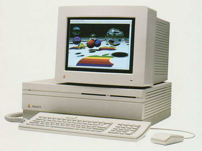 In 1987, the Apple Macintosh II became the first Mac to support a color display. Also, note the second floppy disk drive.