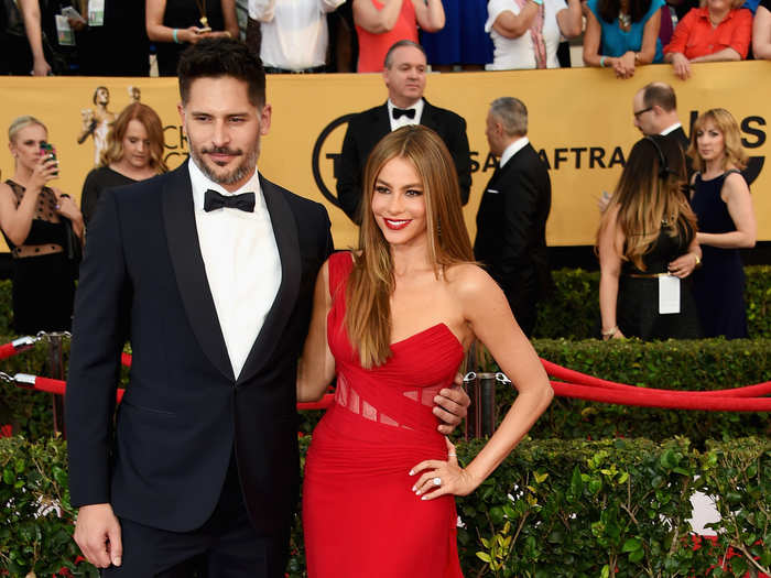 "Modern Family" star Sofia Vergara, wearing a Donna Karan Atelier dress, with fiancé Joe Manganiello.