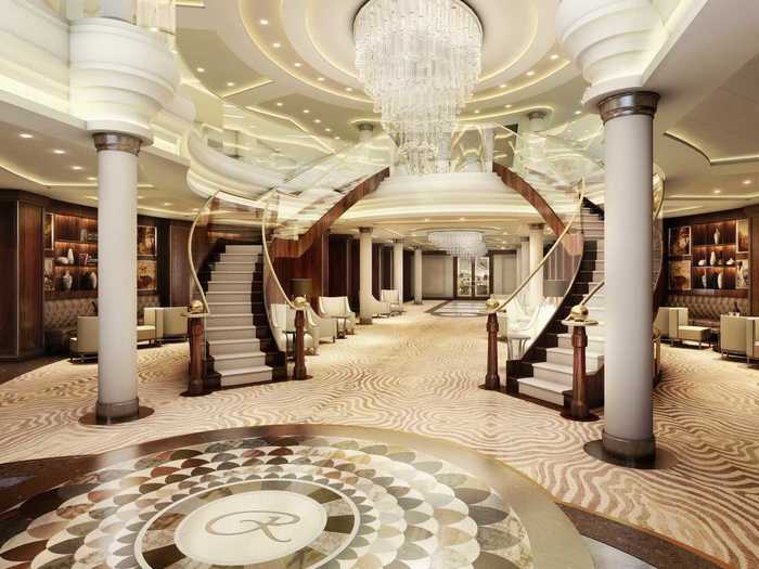 The ship will only have room for 750 guests, and claims to have the highest staff-to-passenger ratio in the business. This is the super-opulent lobby of the ship.