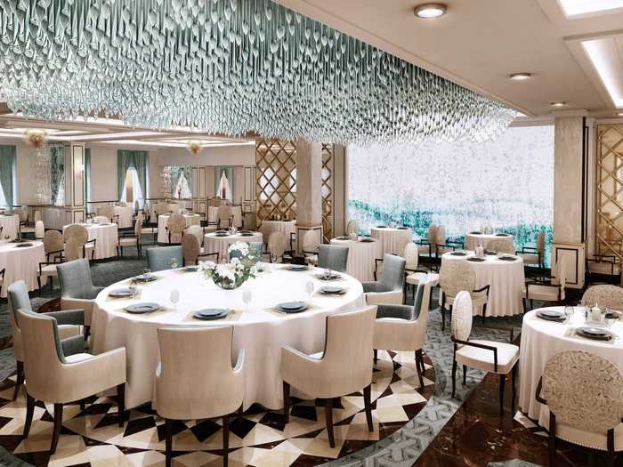 The Explorer will host a myriad of dining options, starting with the main dining room: The Compass Rose. All Seven Seas ships have a Rose dining room, but this one sports a modern new look featuring a huge cascading blue chandelier.