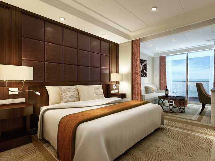 The ship is made up of all suites with adjoining balconies — no windowless rooms here! The deluxe suite is appropriately lavish, with double bed as well as a sitting room between the bedroom and balcony.