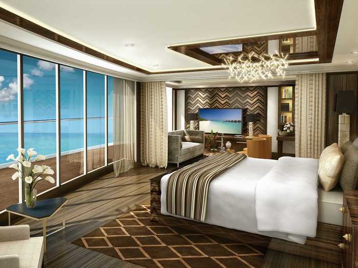 But even larger than that is the 3,875-square-foot Regent Suite, which will no-doubt be the largest private room available on the seas. It comes with two bedrooms, a living room, and will cost $5,000 per person a night.