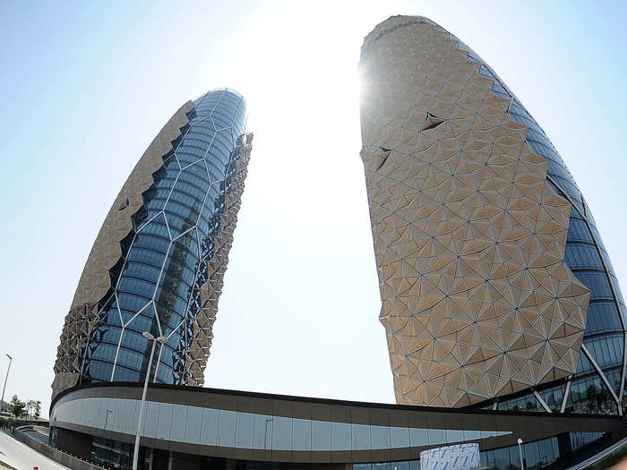 Al Bahar Towers in Abu Dhabi, UAE. The 145 metre-tall twin towers are encased in solar panels.