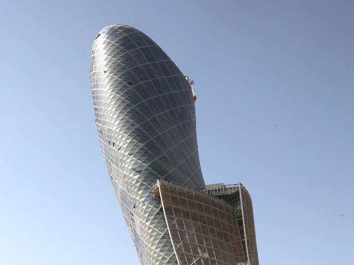 Capital Gate, Abu Dhabi, UAE. 165 metres tall, the Capital Gate tilts 18° to the west.