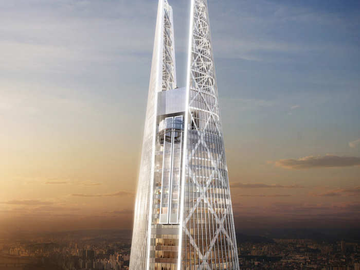 Lotte World Tower, Seoul, South Korea. The Lotte is 555 metres tall. It will be completed next year, but the lowest floors, hosting a shopping mall, are already open.