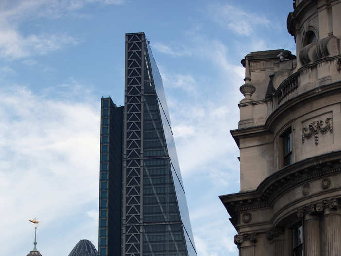 Leadenhall Building, London, United Kingdom. 224 metres tall and in the heart of the City, this building has been dubbed "the cheesegrater" because of its distinctive shape.