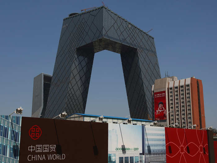 CCTV Headquarters, Beijing, China. The L shaped suspended bridge is one of the most distinctive shapes in the world.