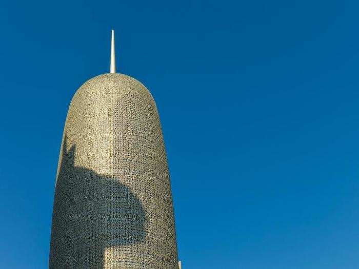 Doha Tower, Doha, Qatar. The facade of the 238 metre-tall building is designed to look like Arab engravings.