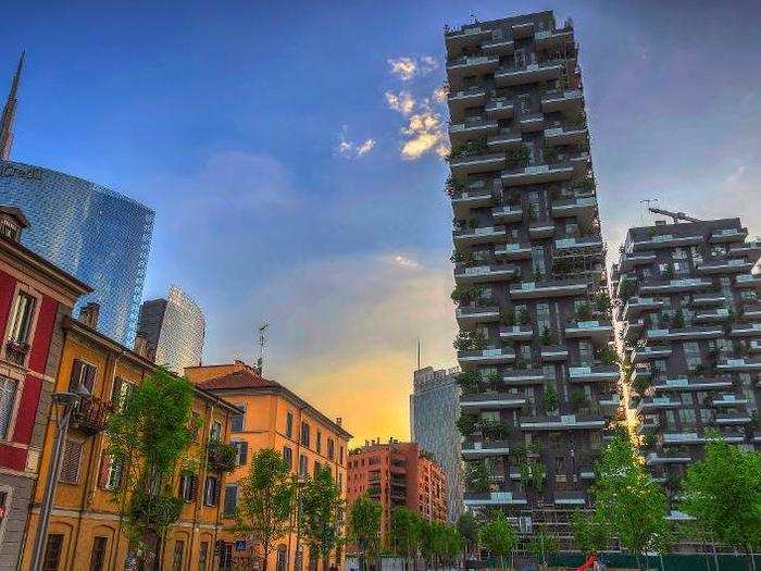Bosco Verticale, Milan, Italy. The building is at the core of a wide renovation project in an underdeveloped area in Milan, and is 117 metres tall.