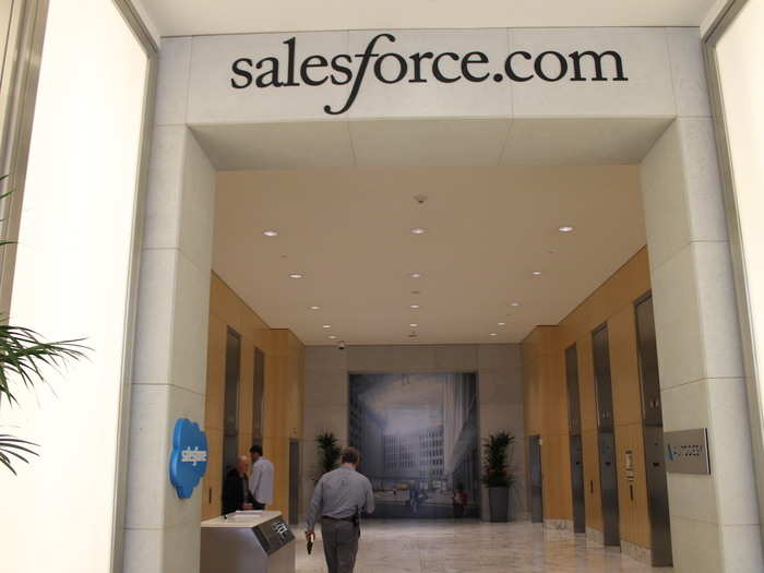 Salesforce logos are everywhere in the entrance, but it doesn’t occupy the whole building.