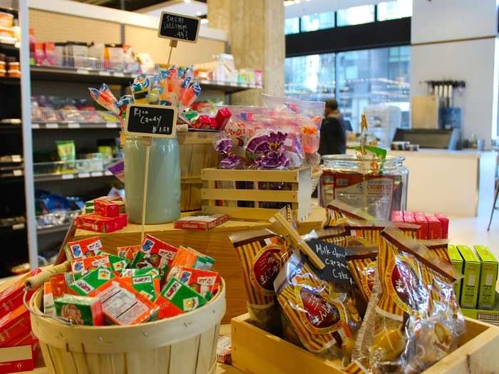 There are themed tables all over the store. This one has Japanese candy.