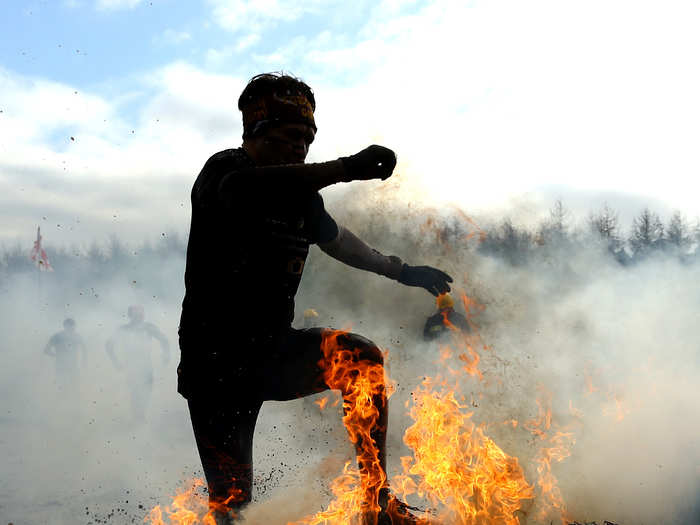 Parts of the race involve running through a field on fire. Real fire. The race consists of about 15 km of running and a similar length of obstacles.