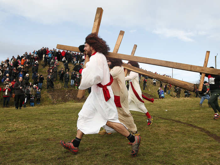 Crosses like these weigh about 40 kilograms, or 90 pounds.