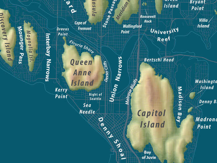 The result is striking — after 240 feet of sea-level rise, Seattle is reduced to a collection of small islands, like these three, which emerged in the area near the place Seattle