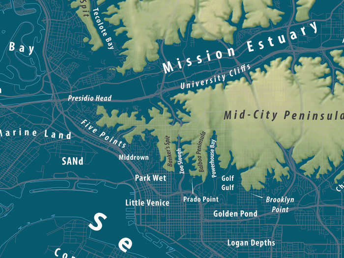 As shown in this close-up of San Diego, the maps are detailed right down to the city streets that will be submerged under the rising sea. Here, you can see the feathery "Mid-City Peninsula" that emerges in the middle of San Diego, and the surrounding submerged street map.