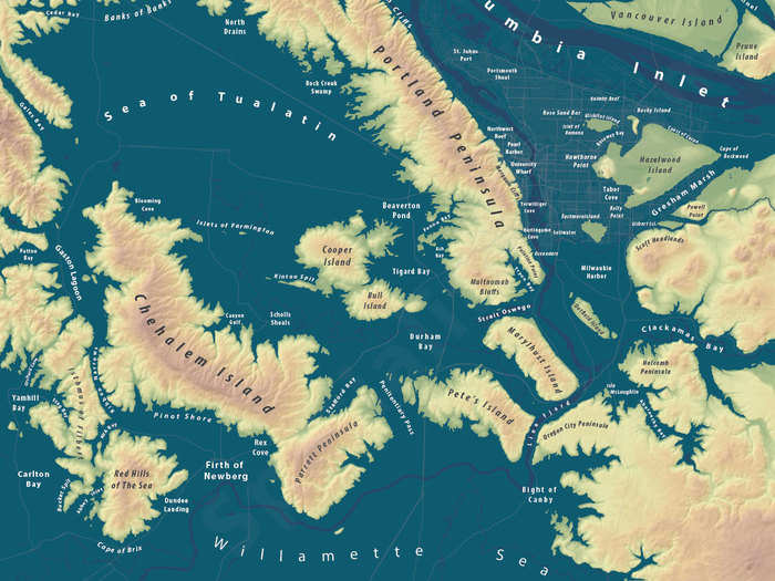 Linn says what fascinates him most about the maps are the interesting landforms that emerge, like the islands that jump out of this Portland map. "I love cities, and just to see how this is going to affect all the world’s cities — the coastal cities, anyway — is fascinating," he says.