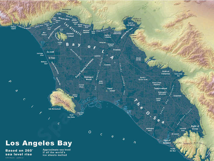 Linn also creates his own names for the new landforms, such as islands and inlets, that emerge in his maps. This part takes the most time, but is also the most fun, he says. He spent several weeks working on the labels for this map of Los Angeles after 260 feet of sea-level rise.