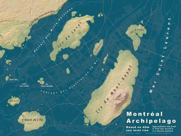 For some of the maps, Linn used a lower level of sea-level rise than the full 80 meters. He did this in order to achieve the most interesting effects in his maps. "Montreal I did at 40 meters instead of the full 80 meters because, basically, Montreal becomes a big sheet of blue at the full height and that’s not very interesting," he says. But at 40 meters, instead of being totally submerged, Montreal becomes an interesting collection of islands.