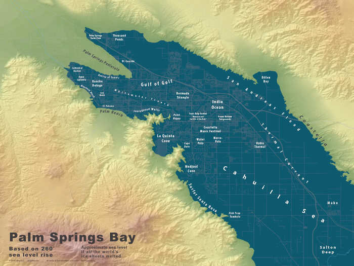 Some of the maps yielded surprising results. Palm Springs is further inland than the other cities Linn has mapped, but it still produced an interesting map. "It’s kind of far from the ocean, but the Imperial Valley and the Coachella Valley are very low and connect right to the Gulf of California," Linn says. After 260 feet of sea-level rise, a large bay appears in the area.