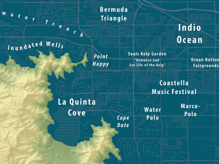 On the shores of that bay, some interesting landforms jump out, like this two spiky peninsulas, shown in close-up here. Meanwhile, you can see that the grounds used to host the famous Coachella Music Festival have been washed away.