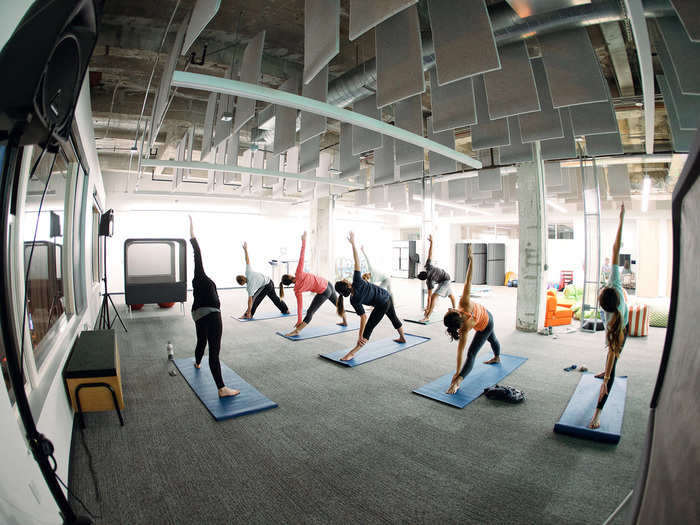 The office has a large open area where boot camp and yoga classes are hosted several times a week.