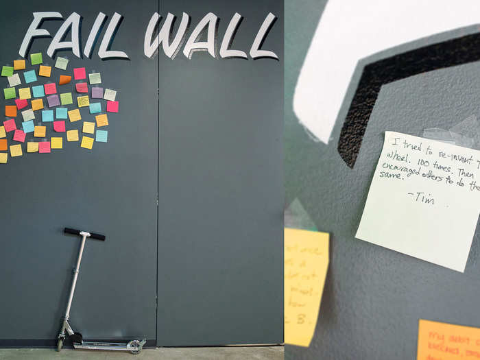 Nerdwallet encourages its employees to embrace and learn from their mistakes. One way they do this is to have people write their slip-ups on Post-It notes and put them on the so-called "Fail Wall." While some are light-hearted ("I ate an entire pizza for dinner. I am gluten intolerant) others are more serious, like this note from the CEO.