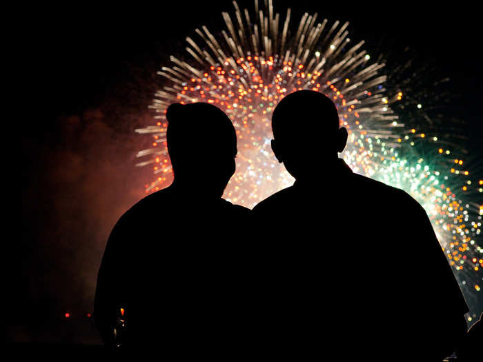 Watching fireworks on the roof of the White House on July 4, 2009.