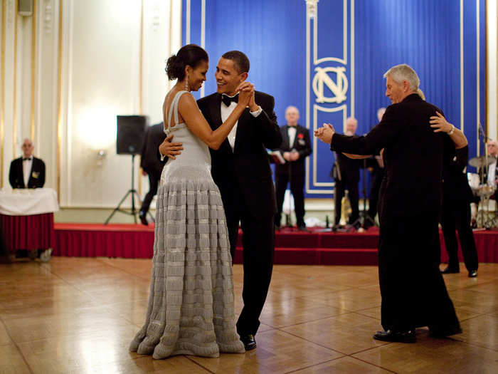 The Obamas dance at the Nobel Banquet in Oslo, Norway after the President was awarded the Nobel Peace Prize in 2009.