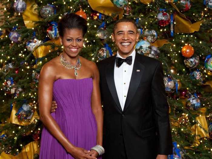 Posing for their first holiday portrait at the White House.