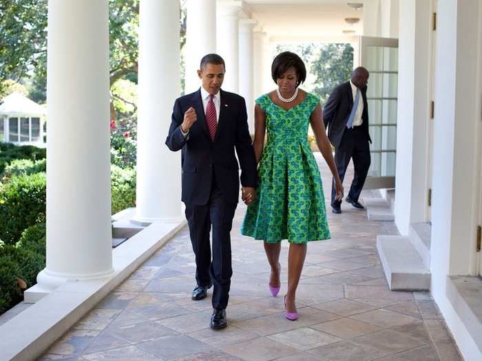 President Obama chats with Michelle as they walk the White House Colonnade in Sept. 2010.