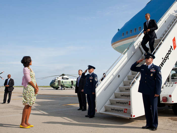 The First Lady greets Barack Obama on the tarmac at JFK in June 2012.