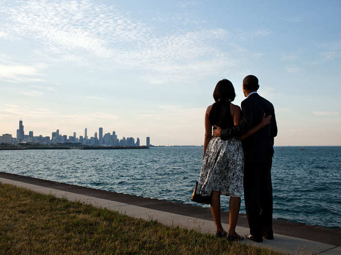 The Obamas look out over their hometown skyline in Chicago on June 15, 2012.