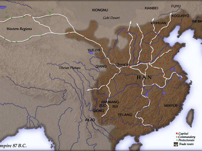 The Han imperial dynasty spanned 2.51 million square miles at its peak in 100 BC. It collapsed by 220 AD after a series of coups and revolutions.