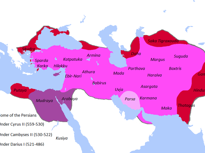 The Achaemenid Empire, also known as the First Persian Empire, spanned 3.08 million square miles at its peak in 480 BC before falling to Alexander the Great in 330 BC.