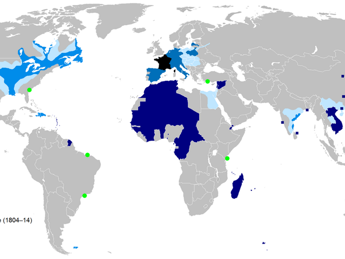 The First French Colonial Empire spanned 3.12 million square feet at its height in 1754, before a series of wars with Great Britain resulted in both countries losing most of their New World colonies.