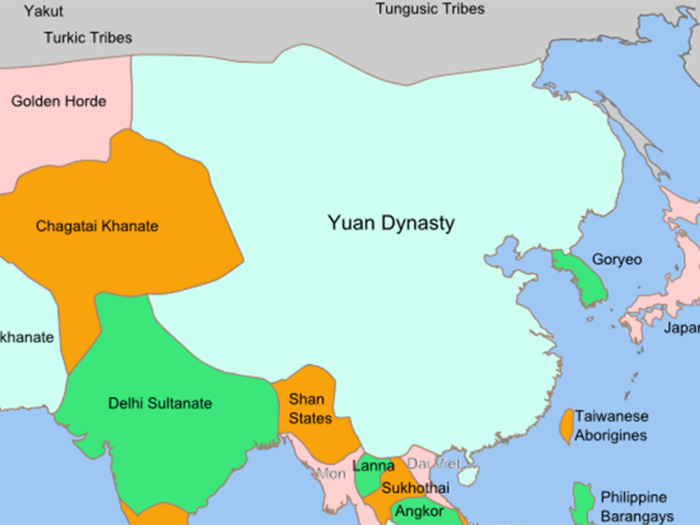 The Yuan Dynasty, the first dynasty to rule all of China, extended 5.4 million square miles at its peak in 1310, before being overthrown by the Ming Dynasty in 1368.