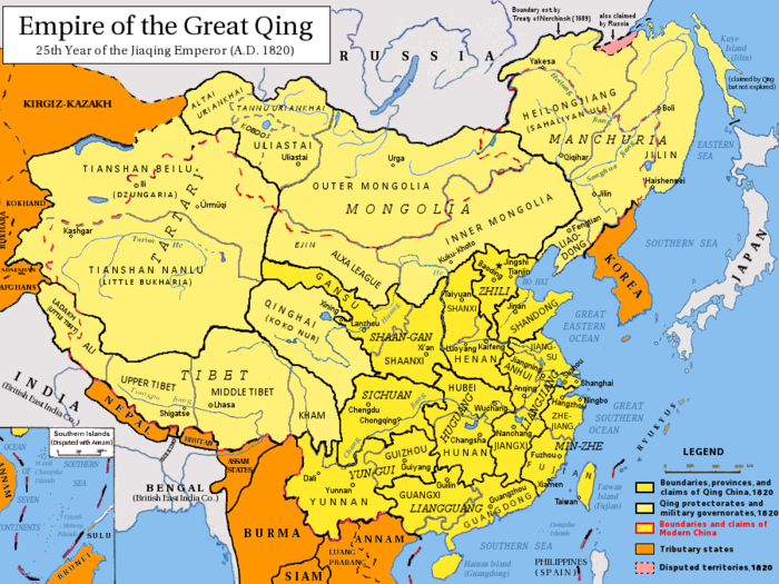 The Qing Dynasty, the last imperial dynasty of China, controlled 5.68 million square miles at its greatest point in 1790. It fell in 1912 following defeat by foreign powers in the Boxer Rebellion and many local uprisings.