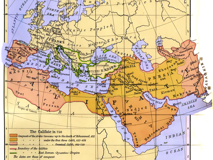 The Umayyad Caliphate spanned 5.79 million square miles at its height in the 7th century, before it was defeated by the Abbasids in 750.