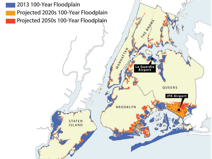 These areas are also where many of the city’s important transit hubs are located. Parts of John F. Kennedy and LaGuardia airports (on opposite sides of Queens), sit just 2 to 6 feet above sea level. Storms frequently produce flood waters higher than that — Hurricane Sandy’s surge waves were 14 feet tall.