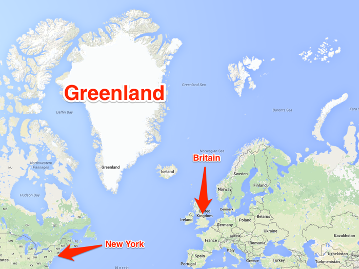 In case you were wondering, here is where Greenland is: just north-east of Canada. Most of Google