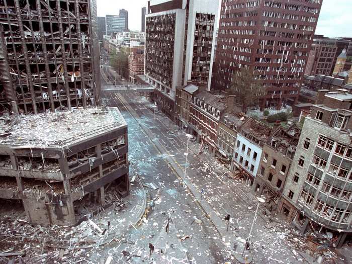 The bomb damaged area of the City of London is seen in this April 24, 1993 file photo after two blasts ripped through the buildings in the area. Dozens of people were injured in the blast caused by IRA bombs.