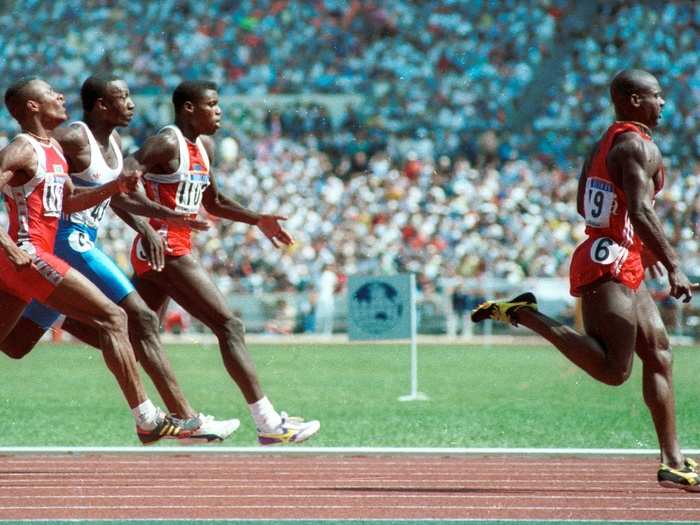 Sprinter Ben Johnson wins the gold medal in the 100m sprint at the Seoul Olympics in this September 24, 1988 photo. Behind him are (L to R) Calvin Smith, Linford Christie and Carl Lewis. Johnson later lost the medal when he tested positive for steroids.