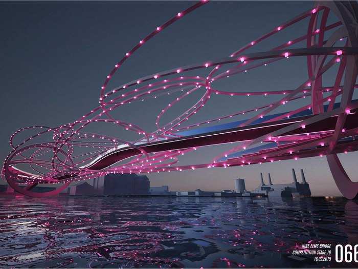 A lot of Nine Elms is now new and modern, so a bridge such as this one, made of spiralling pink lights, would probably look quite good.