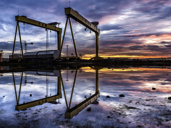 These are the cranes at the Harland and Wolff Docks in Belfast, Northern Ireland.