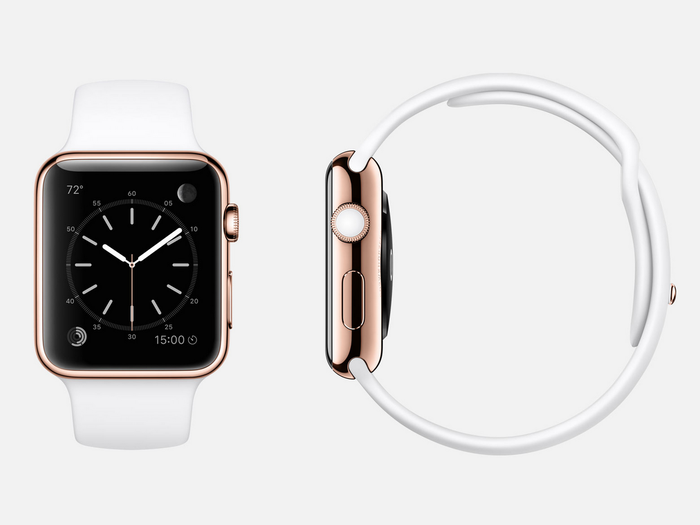 Rose gold Edition with white band: 18-karat rose gold Apple Watch Edition with white fluoroelastomer sports band, 18-karat rose gold pin, sapphire crystal Retina display, and ceramic back.