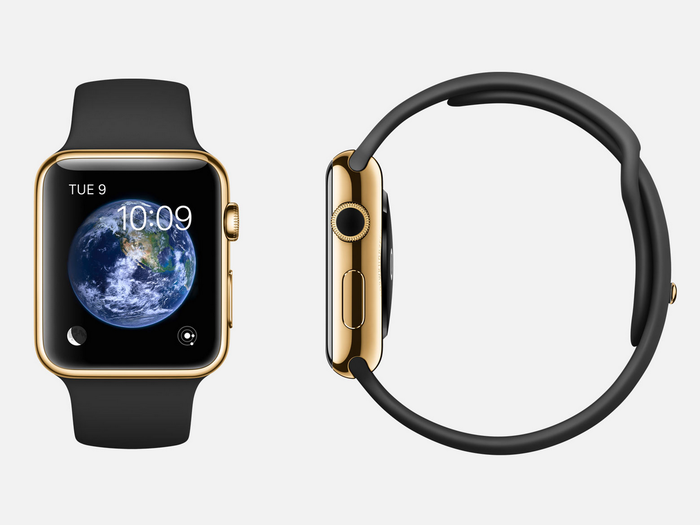 Yellow gold Edition with black band: 18-karat yellow gold Apple Watch Edition (42mm case only) with black fluoroelastomer sports band, 18-karat yellow gold pin, sapphire crystal Retina display, and ceramic back.