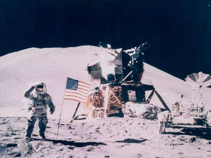 James Irwin salutes the American flag during Apollo 15, in August 1971. Irwin was the first of the twelve moonwalkers to pass away, at the age of 61 in 1991.